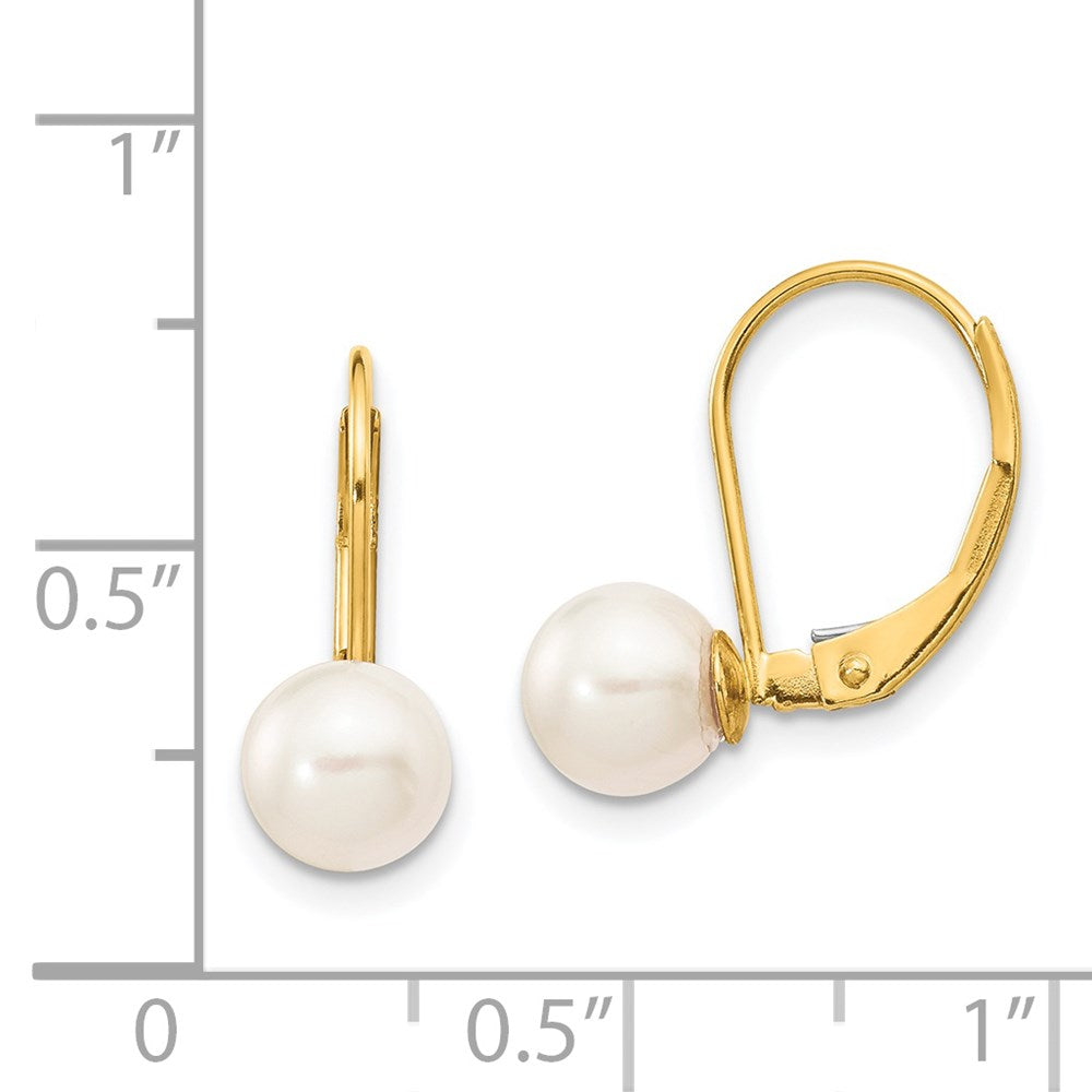 14K Yellow Gold 6-7mm White Round Saltwater Akoya Cultured Pearl Leverback Earrings