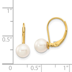 14K Yellow Gold 6-7mm White Round Saltwater Akoya Cultured Pearl Leverback Earrings