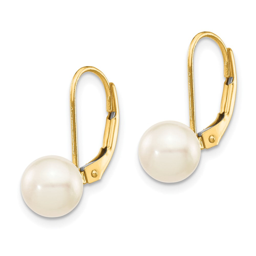 14K Yellow Gold 7-8mm White Round Saltwater Akoya Cultured Pearl Leverback Earrings