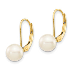14K Yellow Gold 7-8mm White Round Saltwater Akoya Cultured Pearl Leverback Earrings
