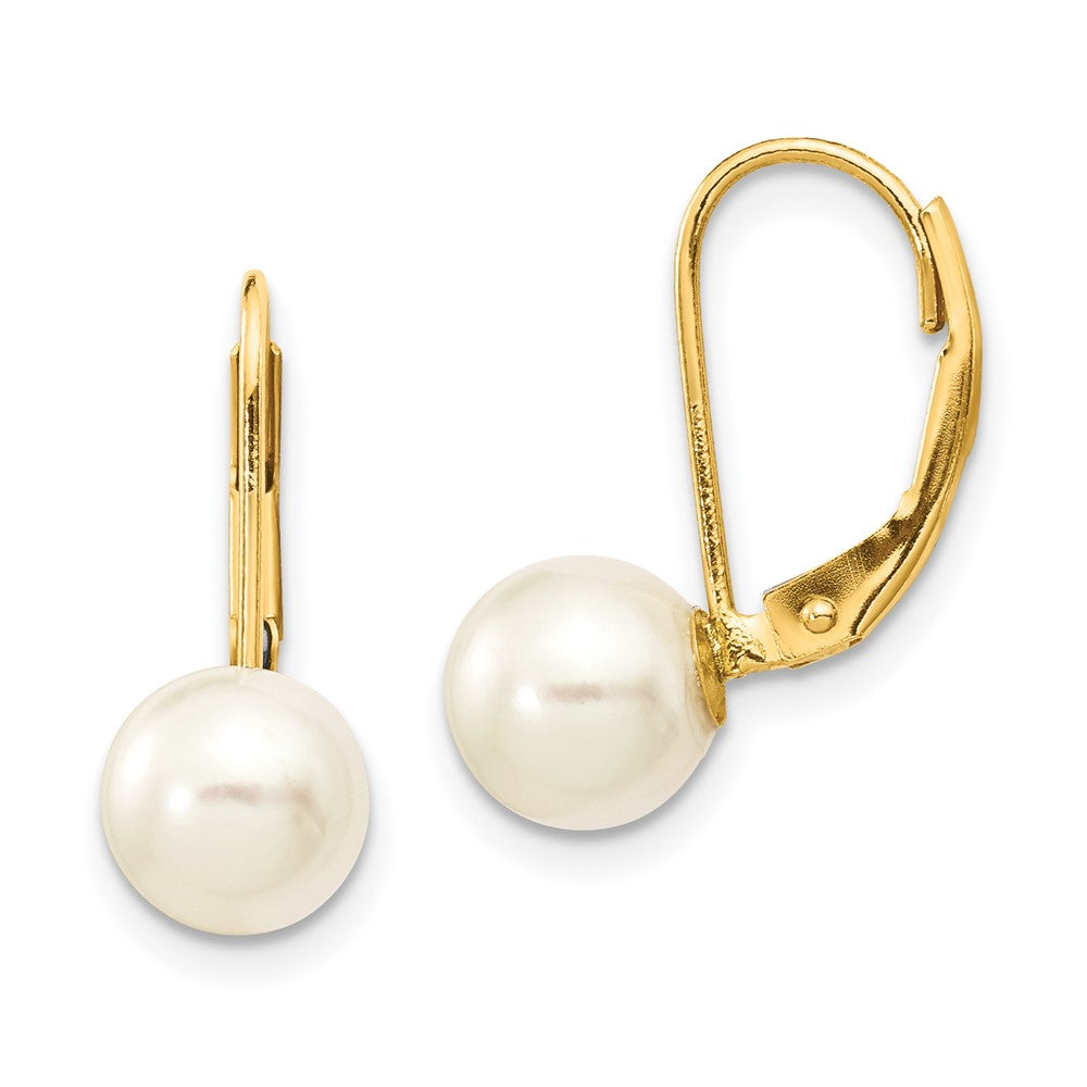 14K Yellow Gold 7-8mm White Round Saltwater Akoya Cultured Pearl Leverback Earrings