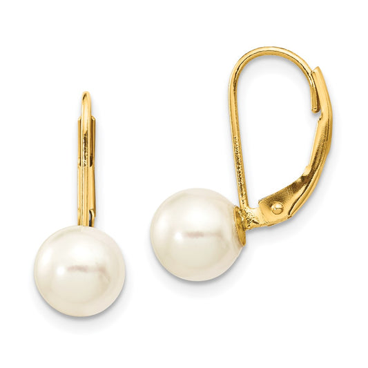 14K Yellow Gold 7-8mm White Round Saltwater Akoya Cultured Pearl Leverback Earrings