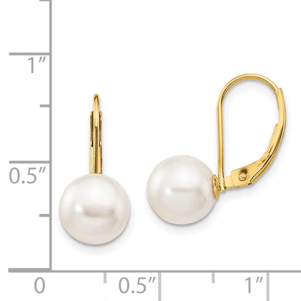 14K Yellow Gold 8-9mm White Round Saltwater Akoya Cultured Pearl Leverback Earrings