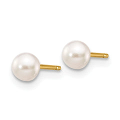 14K Yellow Gold 3-4mm Round White Saltwater Akoya Cultured Pearl Stud Post Earrings