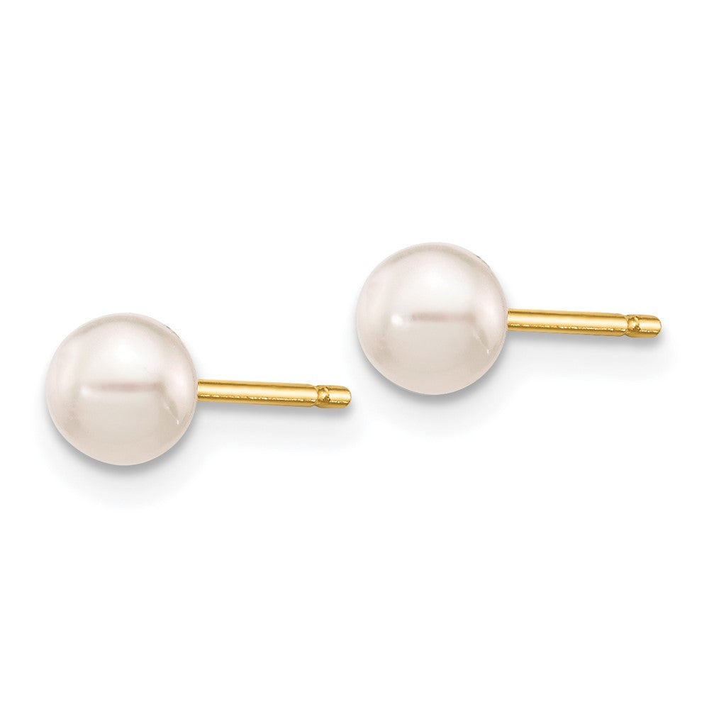 14K Yellow Gold 4-5mm Round White Saltwater Akoya Cultured Pearl Stud Post Earrings