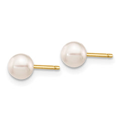 14K Yellow Gold 4-5mm Round White Saltwater Akoya Cultured Pearl Stud Post Earrings