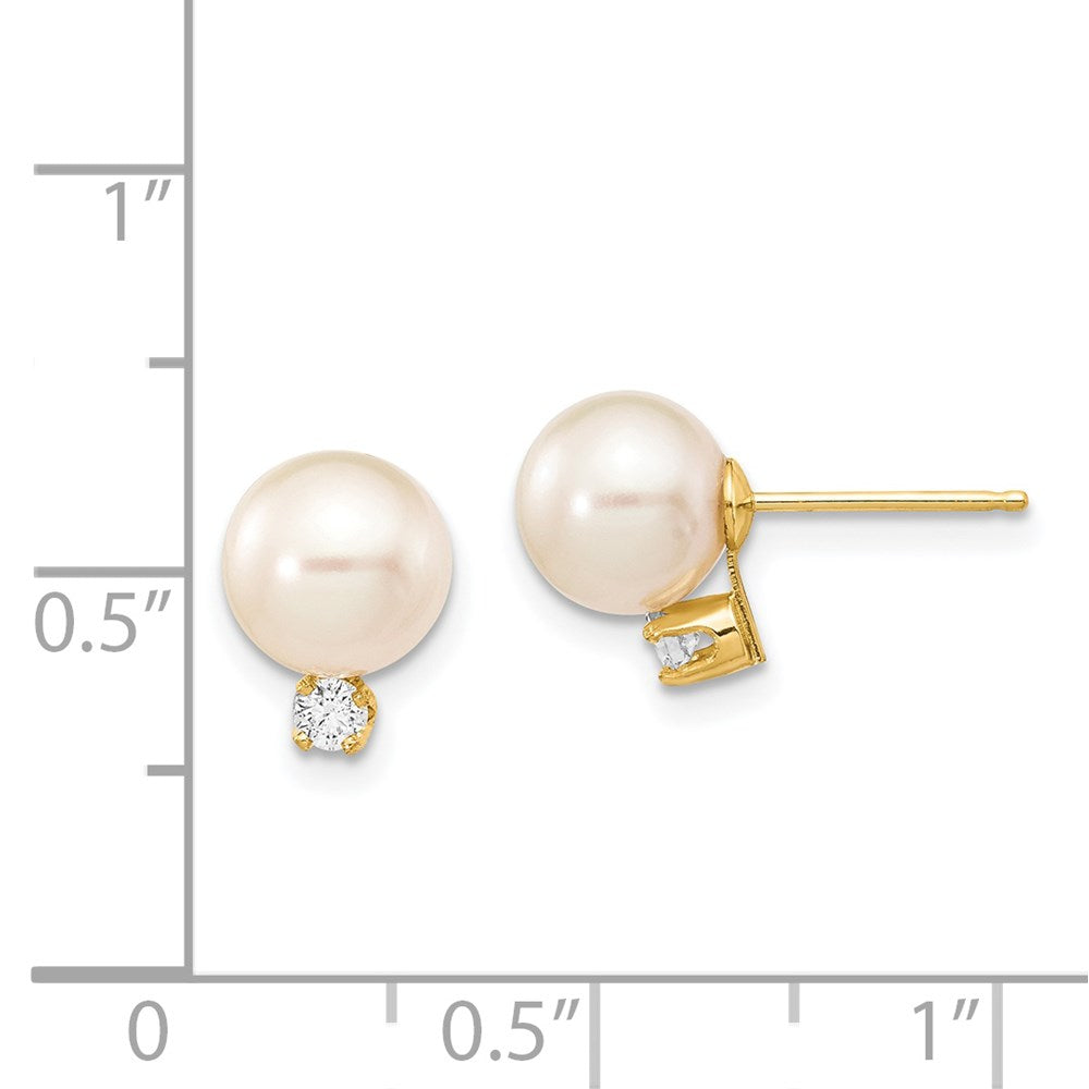 14K Yellow Gold 7-8mm White Round FWC Pearl .10ct Diamond Post Earrings