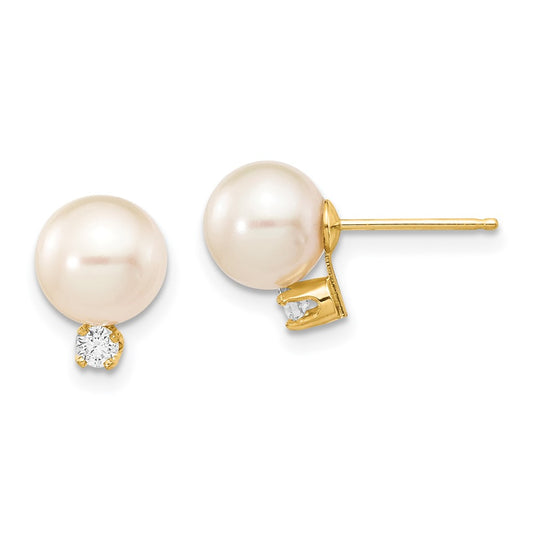 14K Yellow Gold 7-8mm White Round FWC Pearl .10ct Diamond Post Earrings