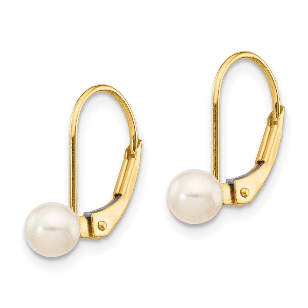 14K Yellow Gold 4-5mm White Round FWC Pearl Leverback Earrings