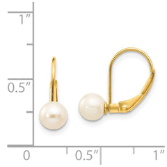 14K Yellow Gold 5-6mm White Round FWC Pearl Leverback Earrings