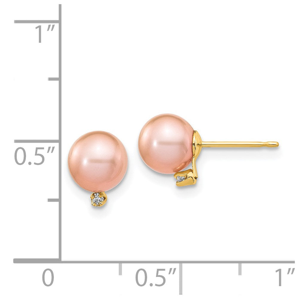 14K Yellow Gold 5-6mm Pink Round FWC Pearl .02ct Diamond Post Earrings