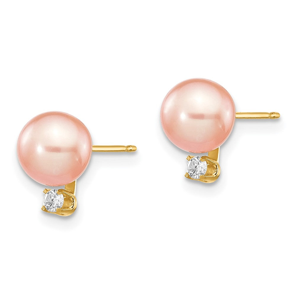 14K Yellow Gold 6-7mm Pink Round FWC Pearl .06ct Diamond Post Earrings