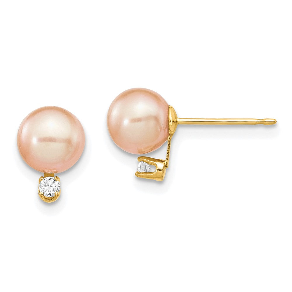 14K Yellow Gold 6-7mm Pink Round FWC Pearl .06ct Diamond Post Earrings