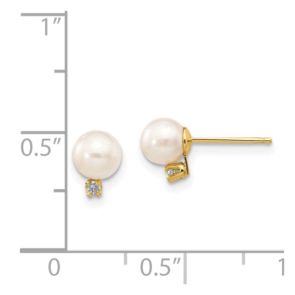 14K Yellow Gold 5-6mm White Round FWC Pearl .02ct Diamond Post Earrings