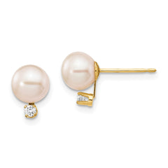 14K Yellow Gold 6-7mm White Round FWC Pearl .06ct Diamond Post Earrings