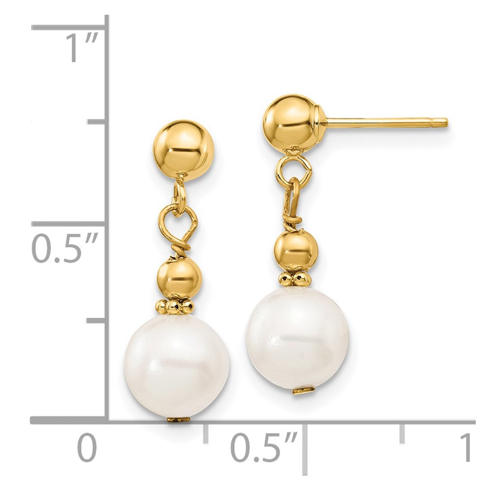 14K Yellow Gold 7-8mm White Semi-round FWC Pearl Dangle Post Earrings