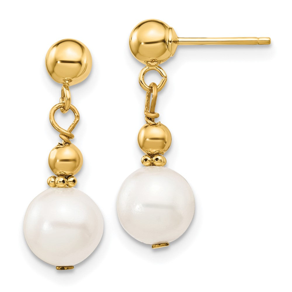 14K Yellow Gold 7-8mm White Semi-round FWC Pearl Dangle Post Earrings