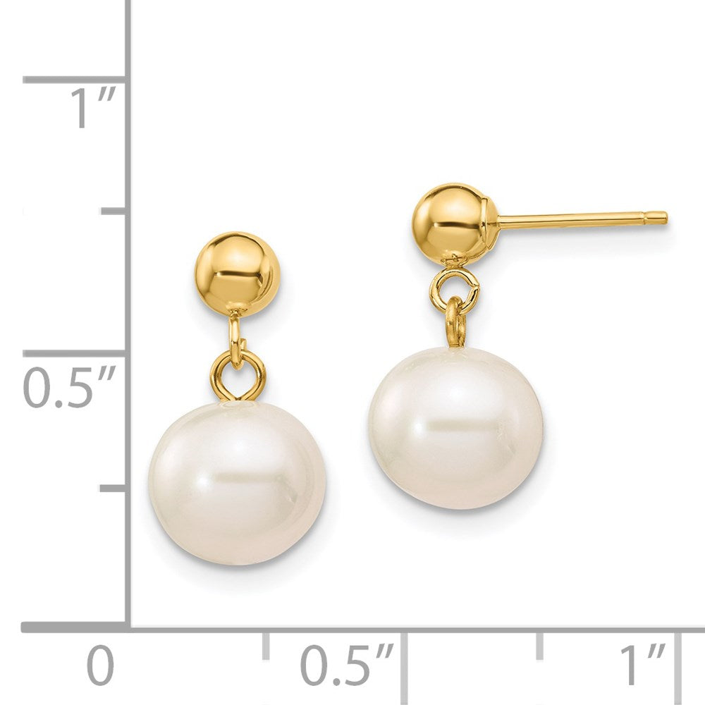 14K Yellow Gold 8-8.5mm White Round FWC Pearl Dangle Post Earrings