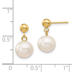 14K Yellow Gold 8-8.5mm White Round FWC Pearl Dangle Post Earrings