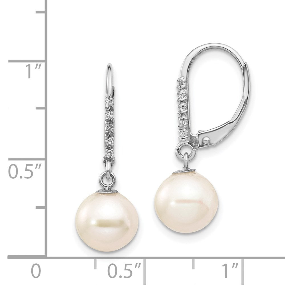 14K White Gold 8-9mm Round FWC Pearl .05ct Diamond Leverback Earrings