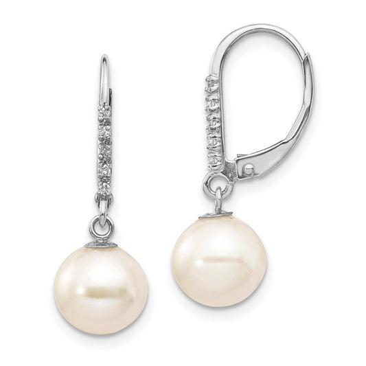 14K White Gold 8-9mm Round FWC Pearl .05ct Diamond Leverback Earrings
