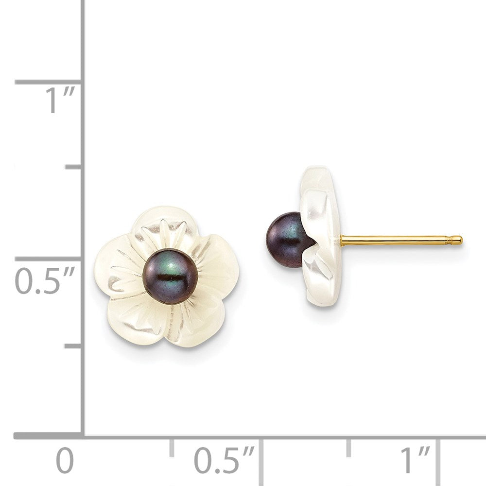 14K Yellow Gold 3-4mm Black FWC Pearl with 10 mm MOP Flower Post Earrings