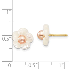14K Yellow Gold 3-4mm Pink FWC Pearl with 10mm MOP Flower Post Earrings