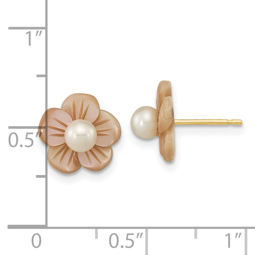 14K Yellow Gold 3-4mm Round White FWC Pearl Pink MOP Flower Earrings