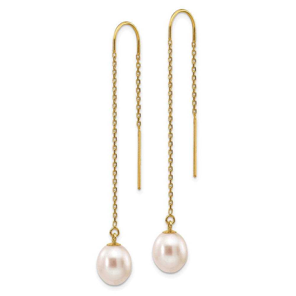 14K Yellow Gold 7-8mm White Rice FWC Pearl Dangle Threader Earrings