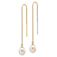 14K Yellow Gold 7-8mm White Rice FWC Pearl Dangle Threader Earrings