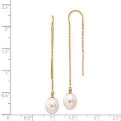 14K Yellow Gold 7-8mm White Rice FWC Pearl Dangle Threader Earrings