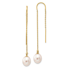 14K Yellow Gold 7-8mm White Rice FWC Pearl Dangle Threader Earrings