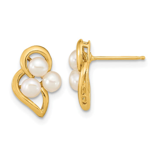 14K Yellow Gold 3-4mm White Button FWC Pearl Post Earrings