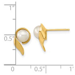 14K Yellow Gold 5-6mm White Button FWC Pearl Post Earrings