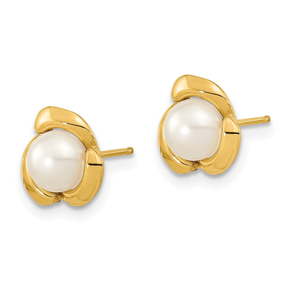 14K Yellow Gold 5-6mm White Button FWC Pearl Post Earrings