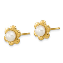 14K Yellow Gold 3-4mm White Button FWC Pearl Post Earrings