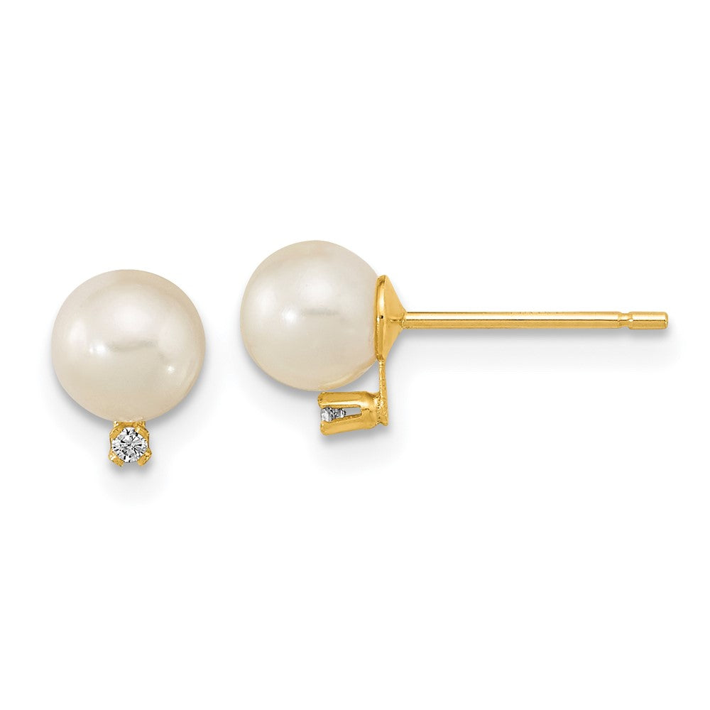 14K Yellow Gold 5-5.5mm White Round FWC Pearl CZ Post Earrings