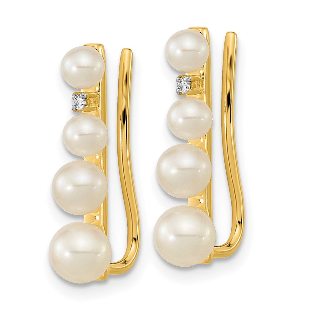 14K Yellow Gold 3-5mm FWC Pearl .016ct Diamond Ear Climber Earrings