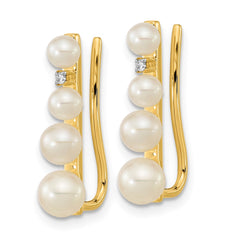 14K Yellow Gold 3-5mm FWC Pearl .016ct Diamond Ear Climber Earrings