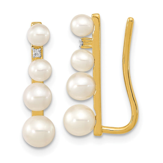 14K Yellow Gold 3-5mm FWC Pearl .016ct Diamond Ear Climber Earrings