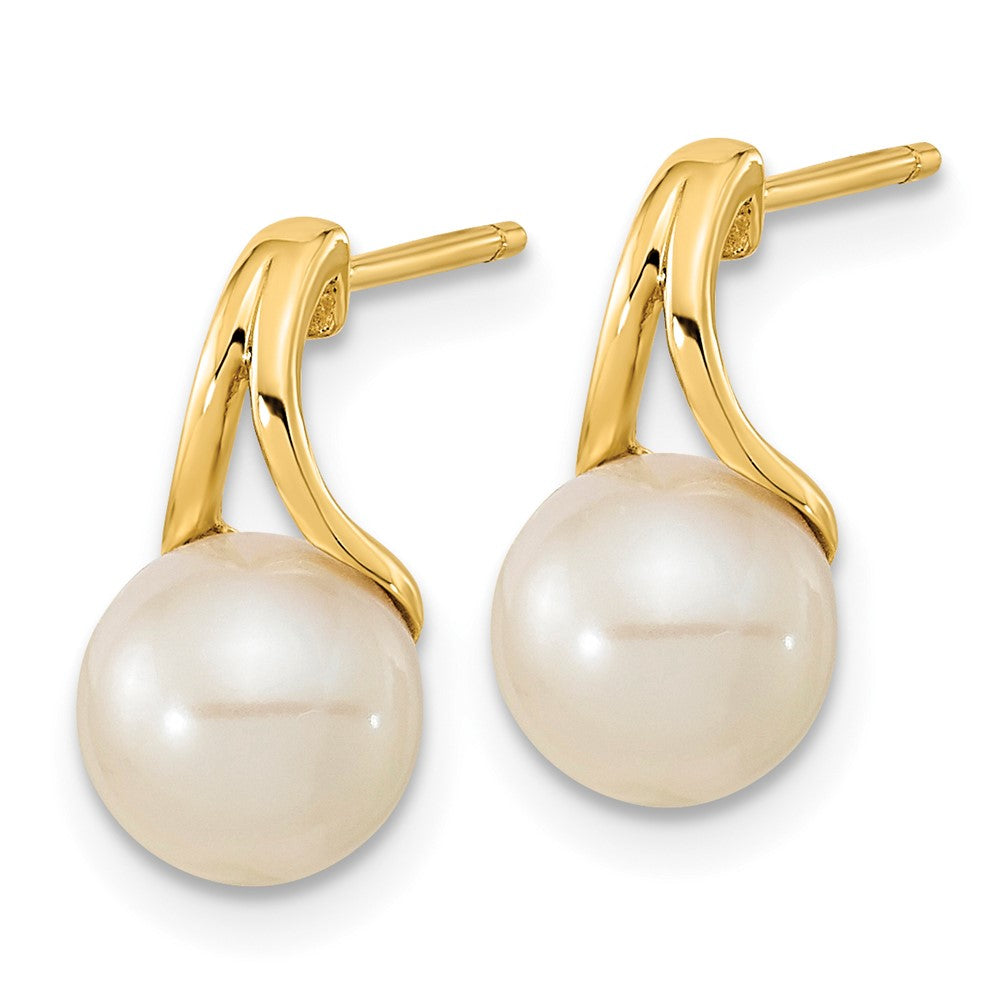 14K Yellow Gold 7-8mm White Round FWC Pearl Post Earrings