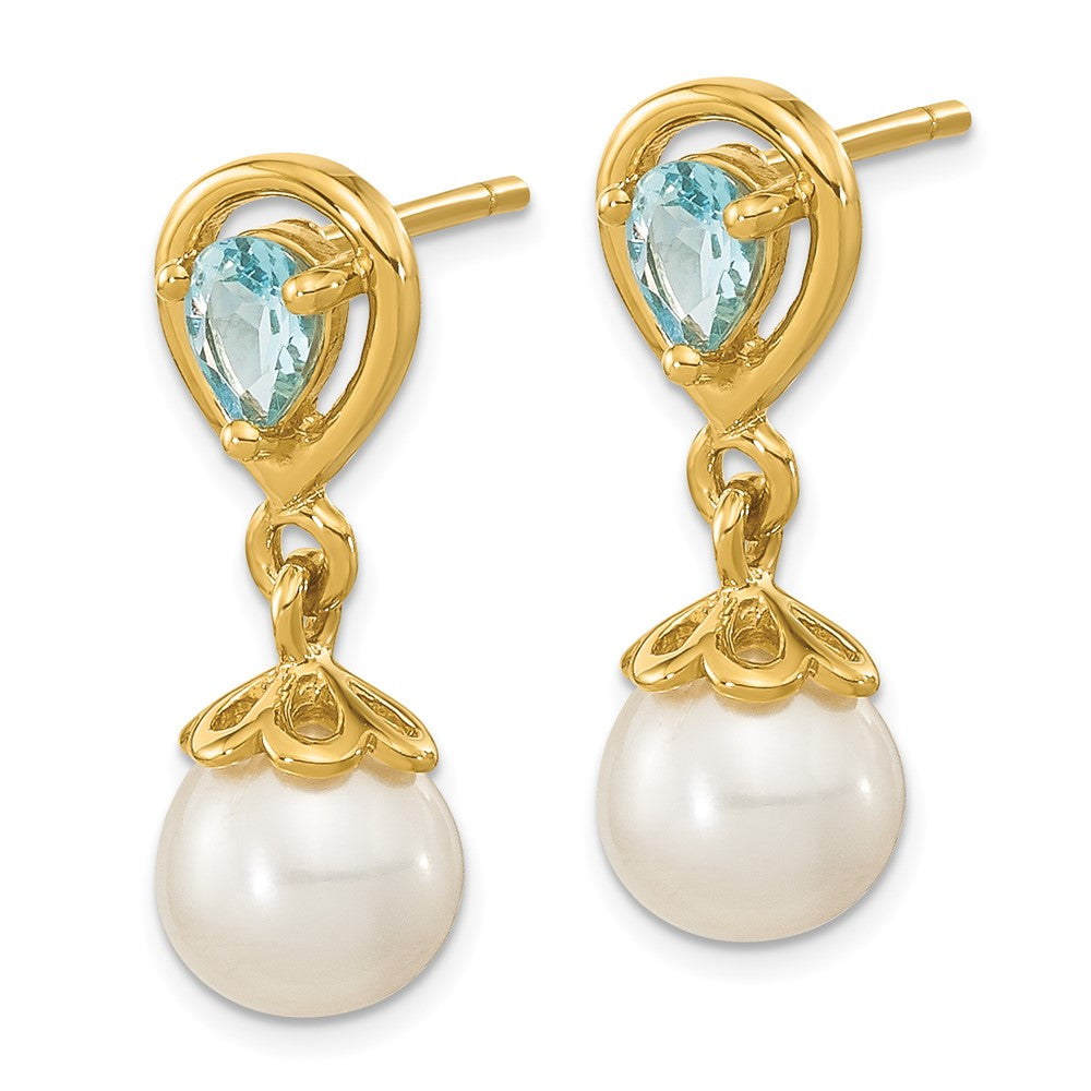 14K Yellow Gold 6-7mm FWC Pearl Light Swiss Blue Topaz Dangle Post Earrings