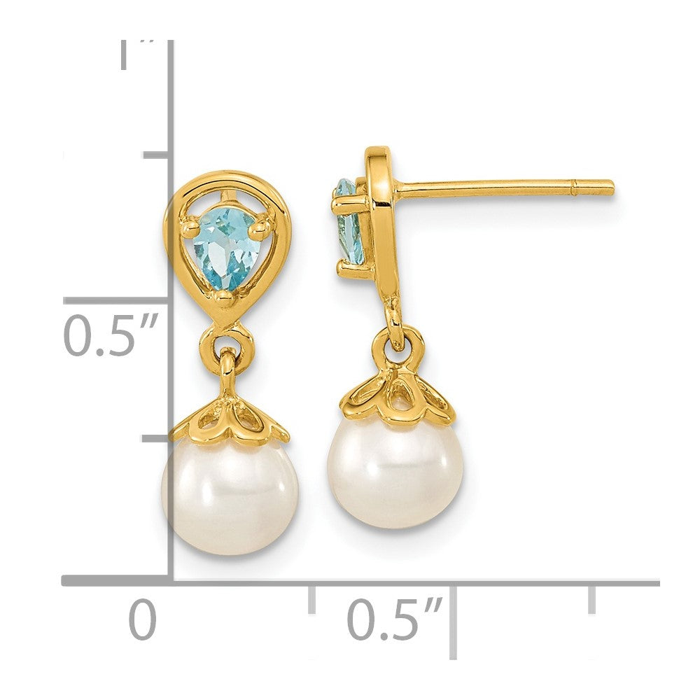 14K Yellow Gold 6-7mm FWC Pearl Light Swiss Blue Topaz Dangle Post Earrings