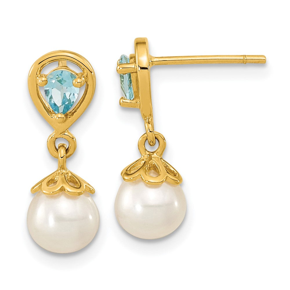 14K Yellow Gold 6-7mm FWC Pearl Light Swiss Blue Topaz Dangle Post Earrings
