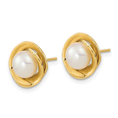 14K Yellow Gold 6-7mm White Button FWC Pearl Post Earrings