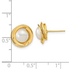 14K Yellow Gold 6-7mm White Button FWC Pearl Post Earrings