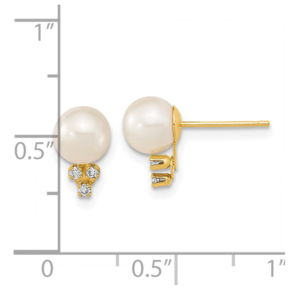 14K Yellow Gold 6-7mm White Round FWC Pearl .06ct Diamond Post Earrings