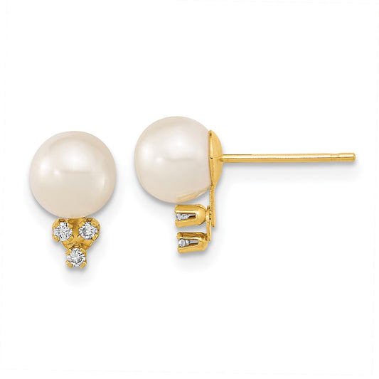 14K Yellow Gold 6-7mm White Round FWC Pearl .06ct Diamond Post Earrings