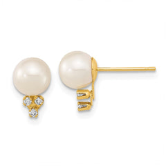 14K Yellow Gold 6-7mm White Round FWC Pearl .06ct Diamond Post Earrings