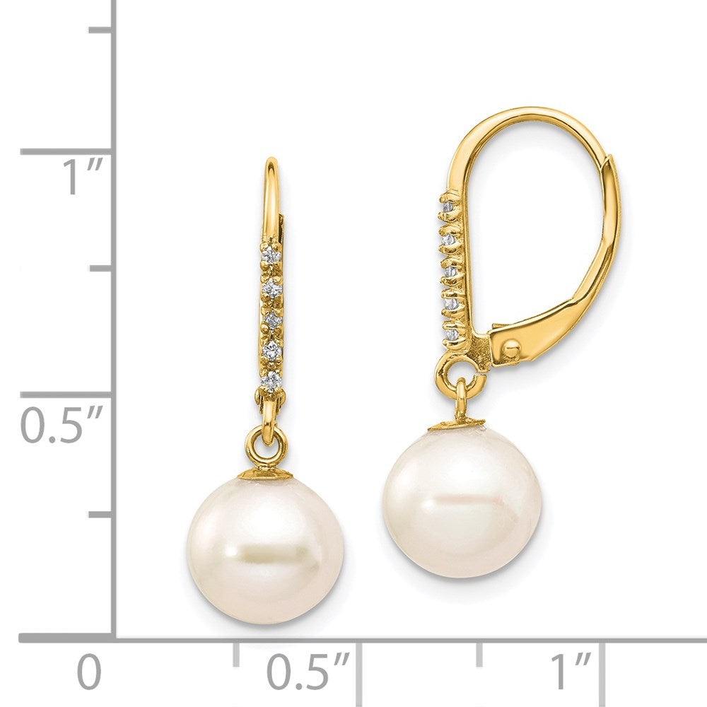14K Yellow Gold 8-9mm White Round FWC Pearl .05ct Diamond Leverback Earrings